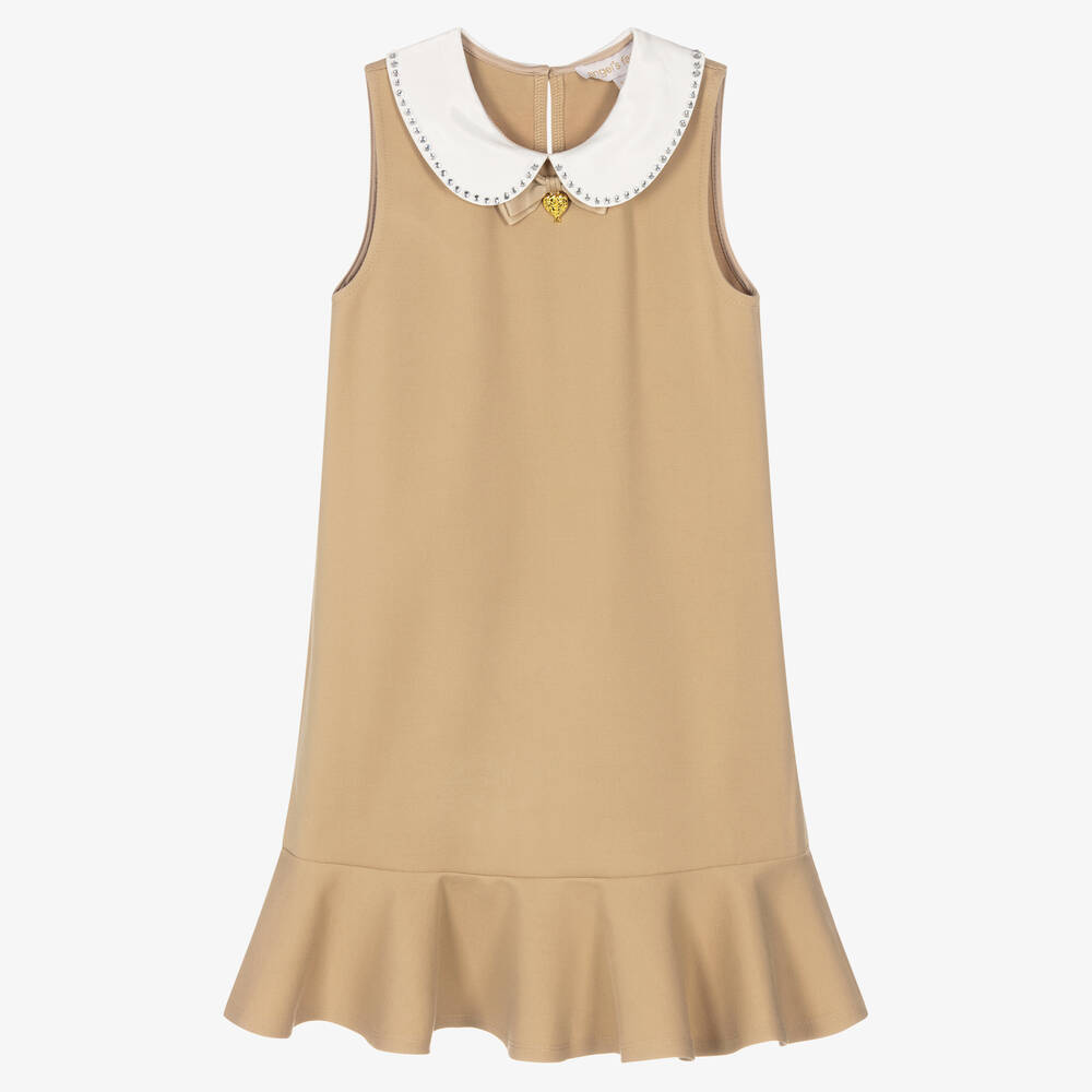 Angel's Face - Girls Beige Jersey Collar Dress  | Childrensalon