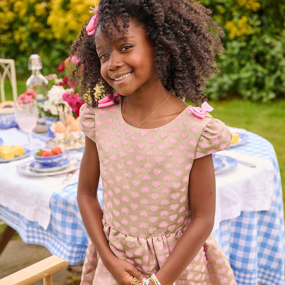 Angel's Face-Girls Beige & Pink Jacquard Hearts Dress | Childrensalon Outlet