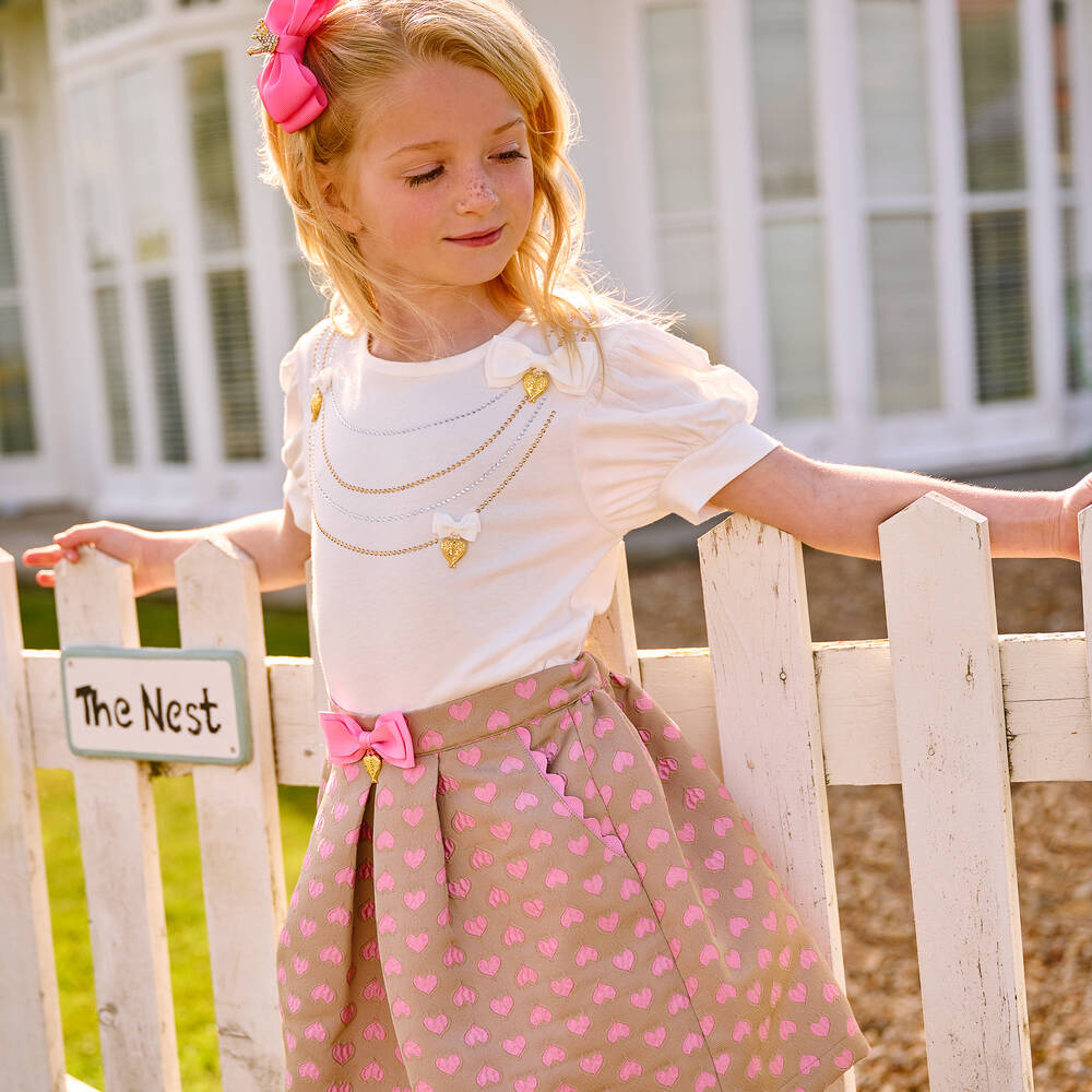 Angel's Face-Girls Beige & Pink Jacquard Hearts Skirt | Childrensalon Outlet