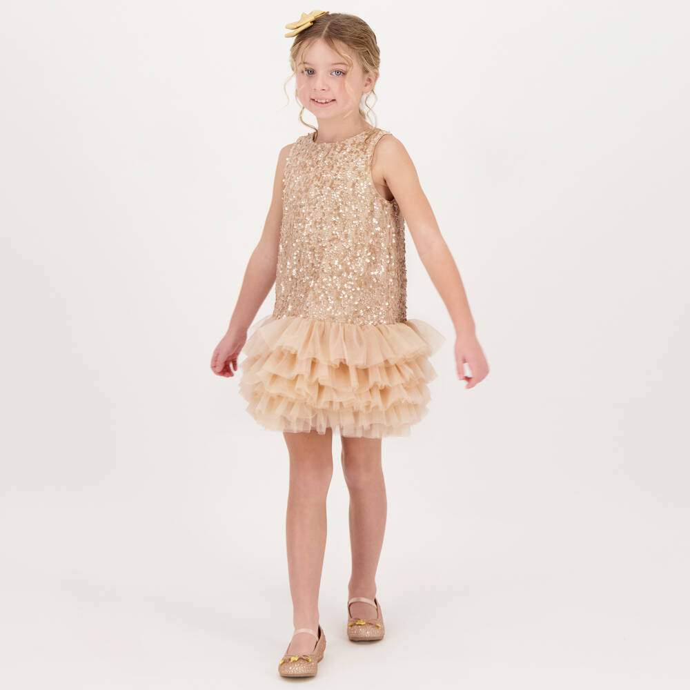 Angel's Face-Girls Beige Sequin Tulle Gown | Childrensalon Outlet