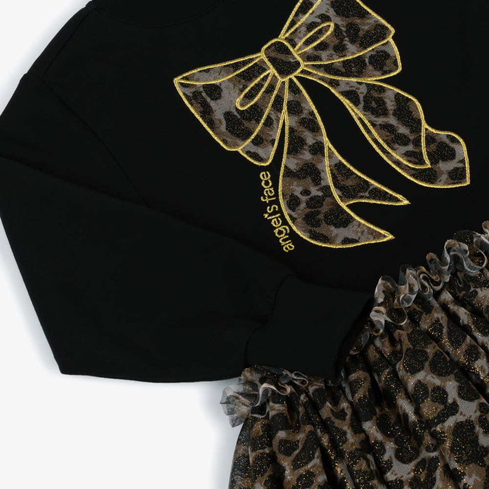 Angel's Face-فستان أسود للبنات بنقشة الفهد مع فيونكة | Childrensalon Outlet