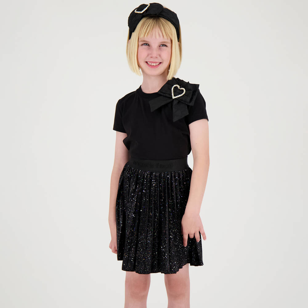 Angel's Face-Черная хлопковая футболка с жаккардовым бантом с сердцем | Childrensalon Outlet