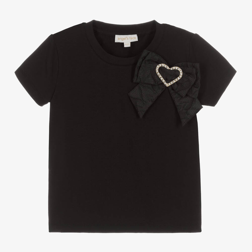 Angel's Face - Girls Black Cotton Jacquard Heart Bow T-Shirt | Childrensalon