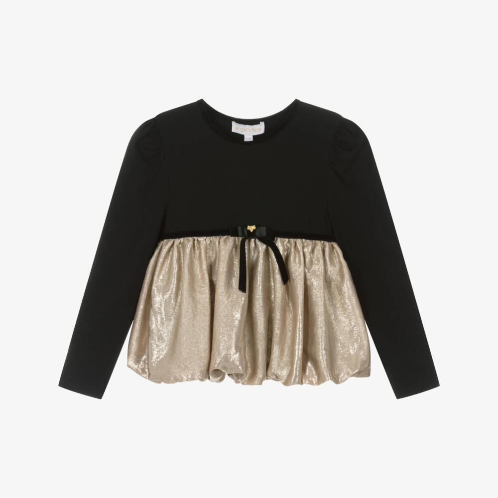 Angel's Face-Girls Black Cotton Jersey Top with Shimmery Gold Hem | Childrensalon Outlet