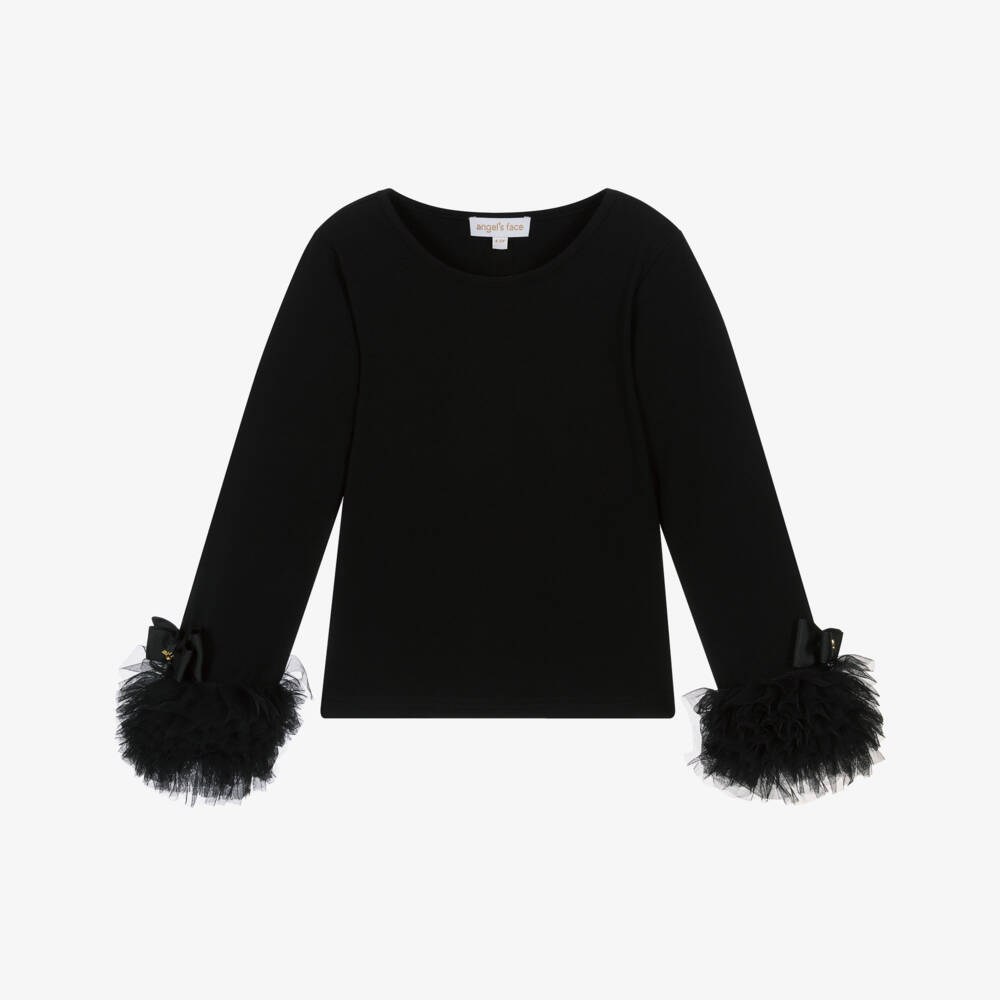 Angel's Face-Girls Black Cotton Jersey Top with Tulle Cuffs | Childrensalon Outlet