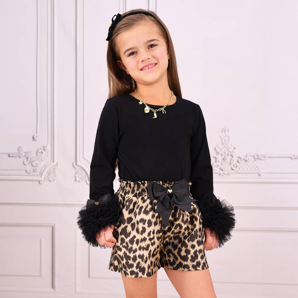 Angel's Face-Girls Black Cotton Jersey Top with Tulle Cuffs | Childrensalon Outlet