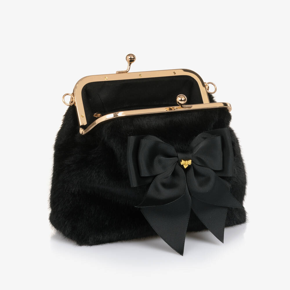 Angel's Face-Girls Black Faux Fur Handbag with Pearl Handle (20cm) | Childrensalon Outlet