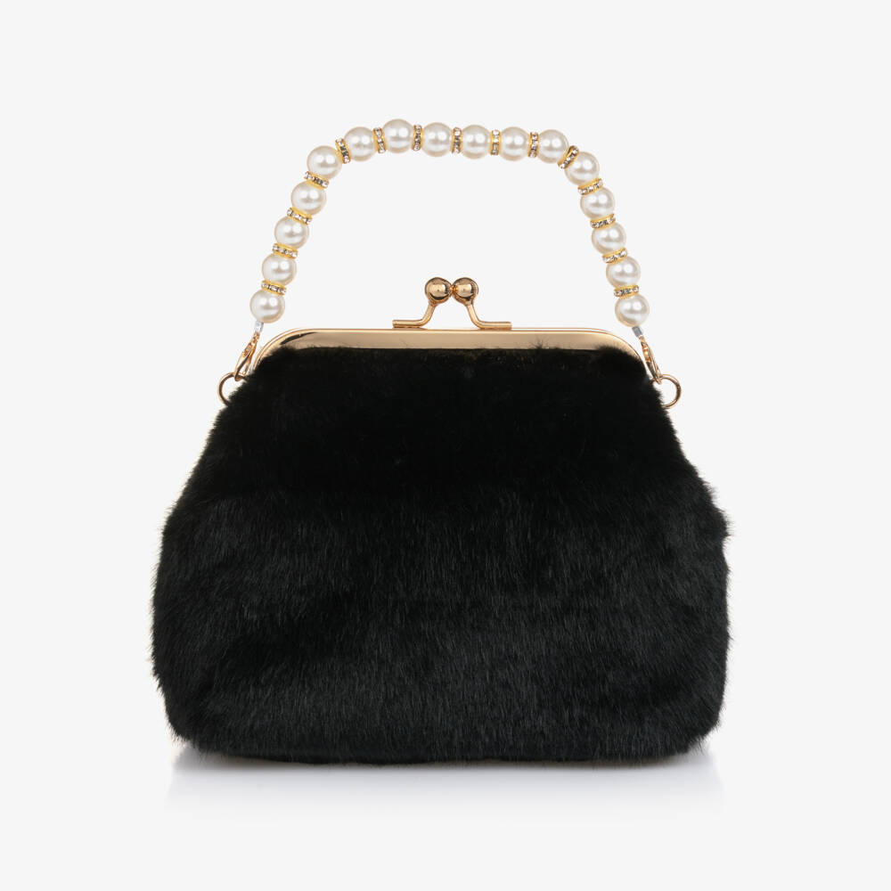 Angel's Face-Girls Black Faux Fur Handbag with Pearl Handle (20cm) | Childrensalon Outlet