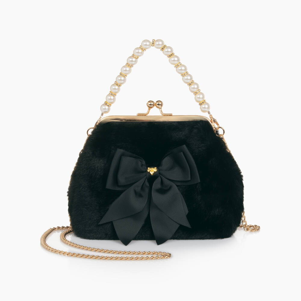Angel's Face-Girls Black Faux Fur Handbag with Pearl Handle (20cm) | Childrensalon Outlet