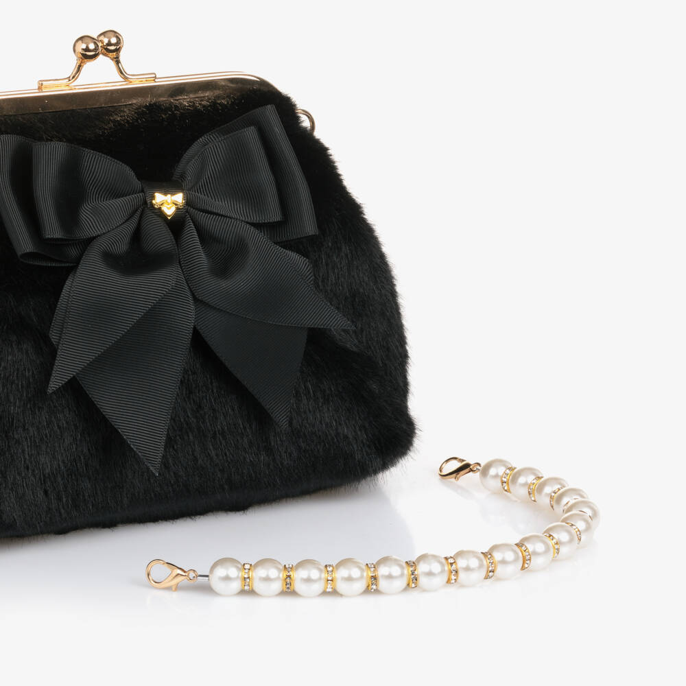 Angel's Face-Girls Black Faux Fur Handbag with Pearl Handle (20cm) | Childrensalon Outlet