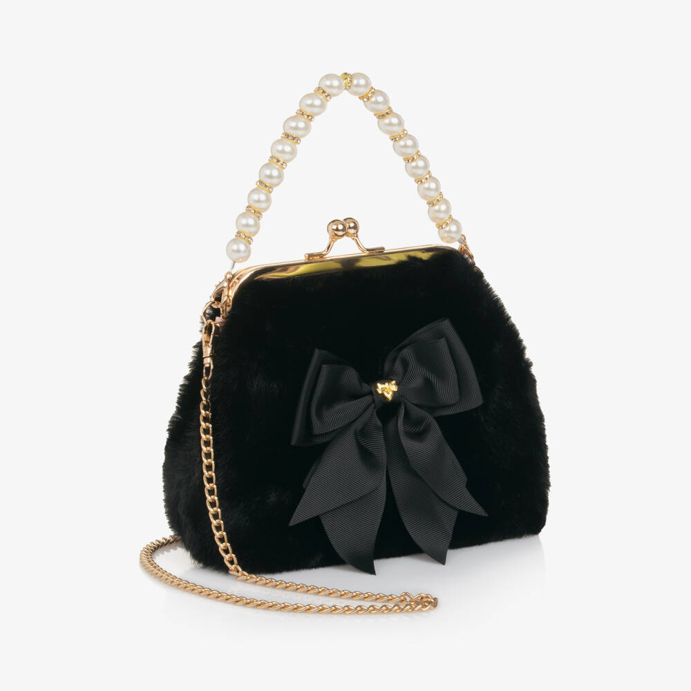 Angel's Face-Girls Black Faux Fur Handbag with Pearl Handle (20cm) | Childrensalon Outlet