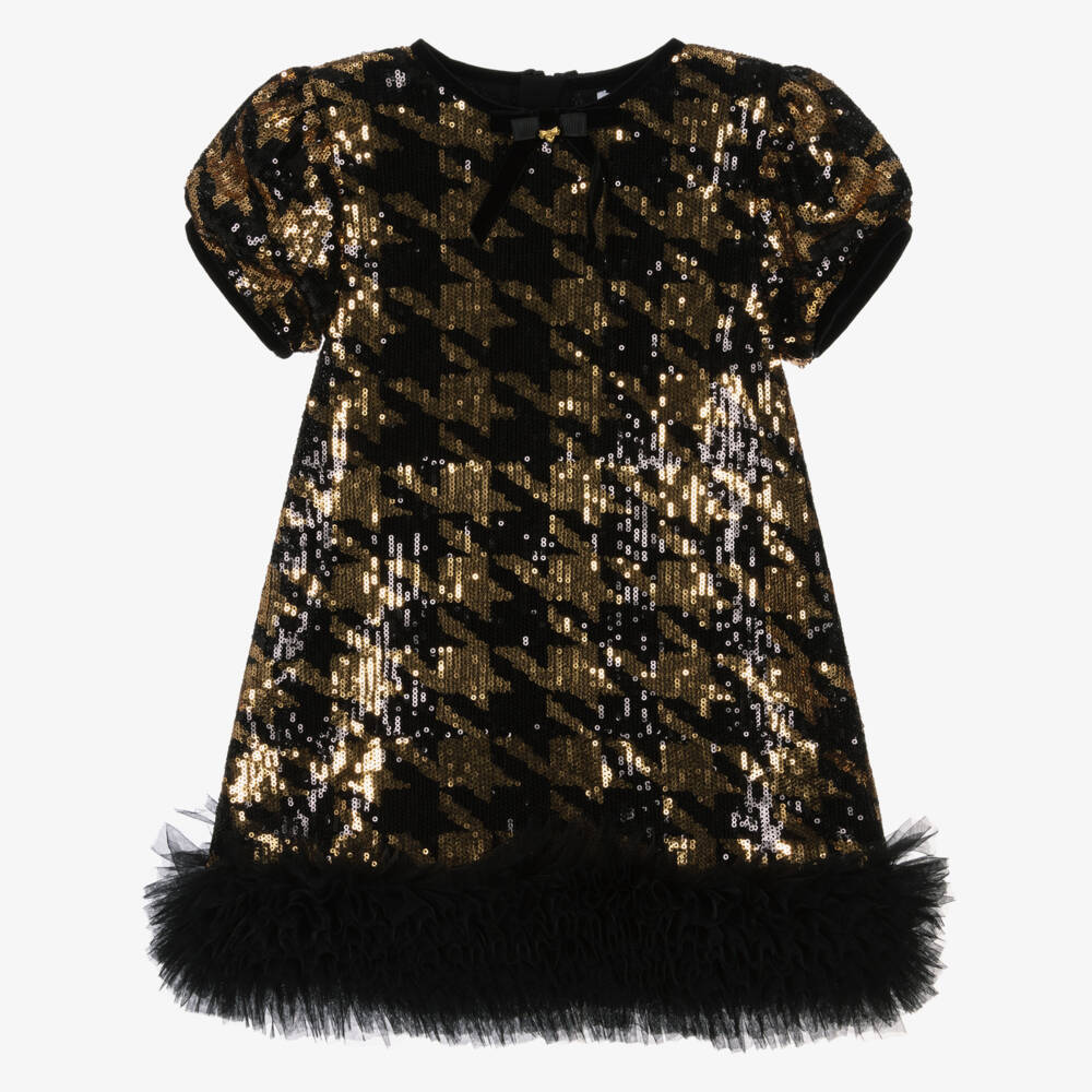 Angel's Face-Girls Black & Gold Sequinned Houndstooth Tulle Dress | Childrensalon Outlet