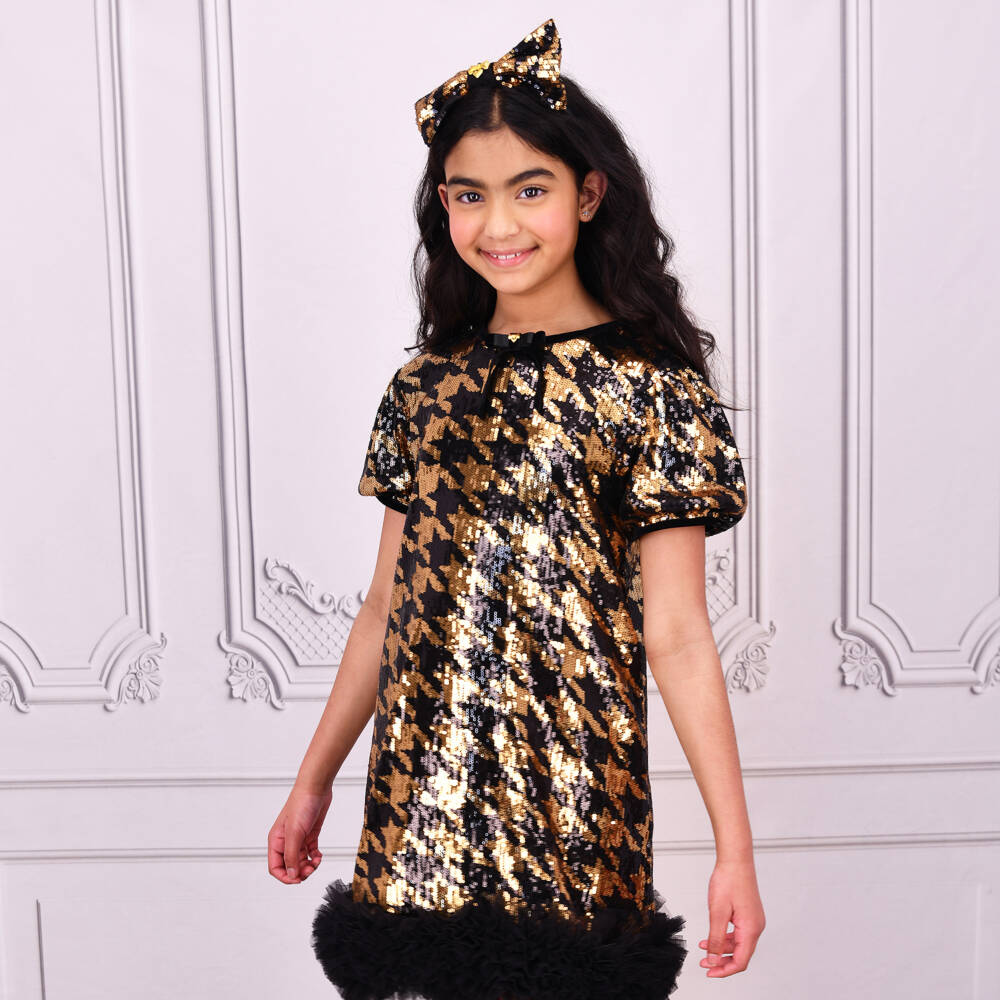 Angel's Face-Girls Black & Gold Sequinned Houndstooth Tulle Dress | Childrensalon Outlet