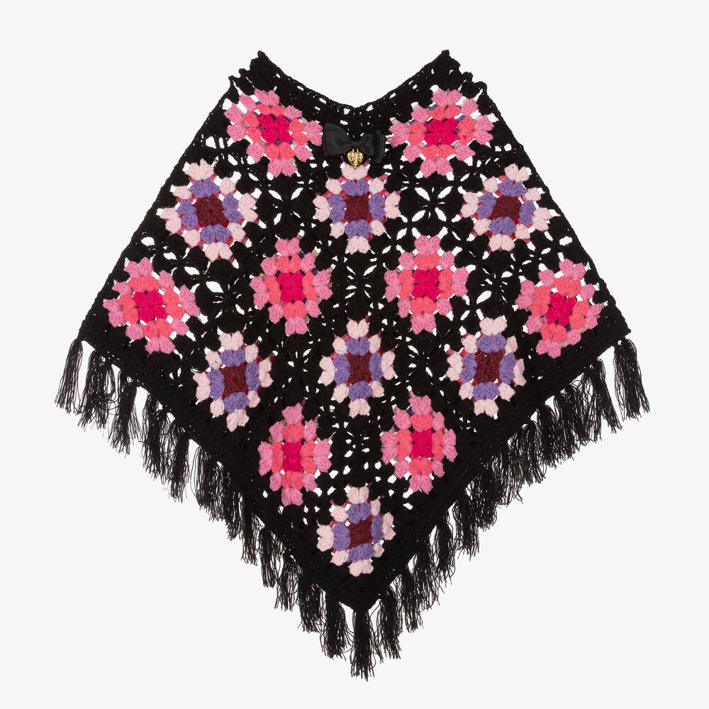 Angel's Face - Gehäkelter Poncho Schwarz/Rosa | Childrensalon