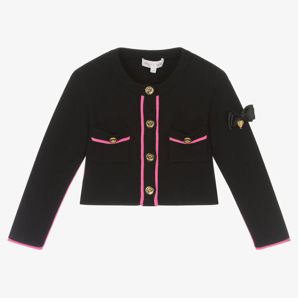 Angel's Face - Cardigan noir à liseré rose fille | Childrensalon