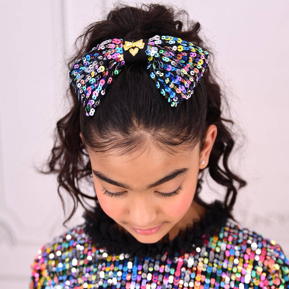 Angel's Face-Girls Black & Rainbow Sequin Bow Hairband | Childrensalon Outlet