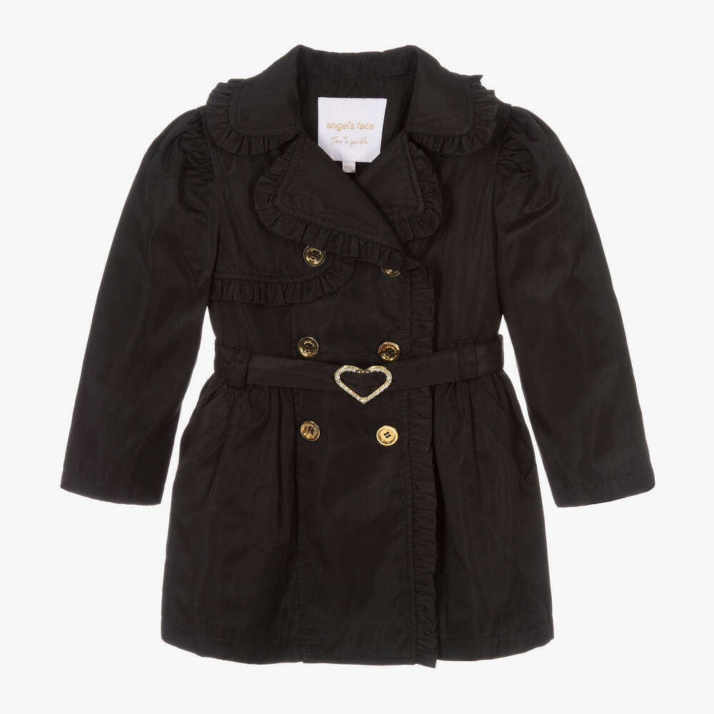 Angel's Face - Girls Black Ruffle Trench Coat | Childrensalon