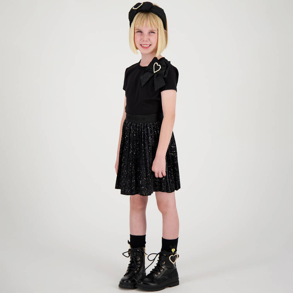 Angel's Face-تنورة قطيفة بكسرات لون أسود لامع | Childrensalon Outlet