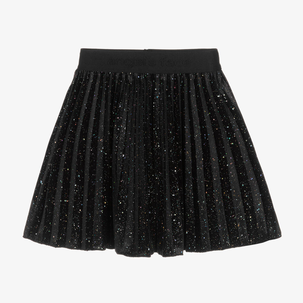 Girls Black Sparkly Velour Pleated Skirt