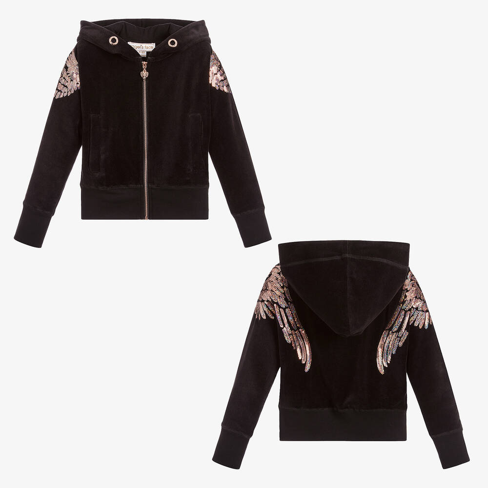 Angel's Face - Girls Black Wings Zip-Up Top | Childrensalon