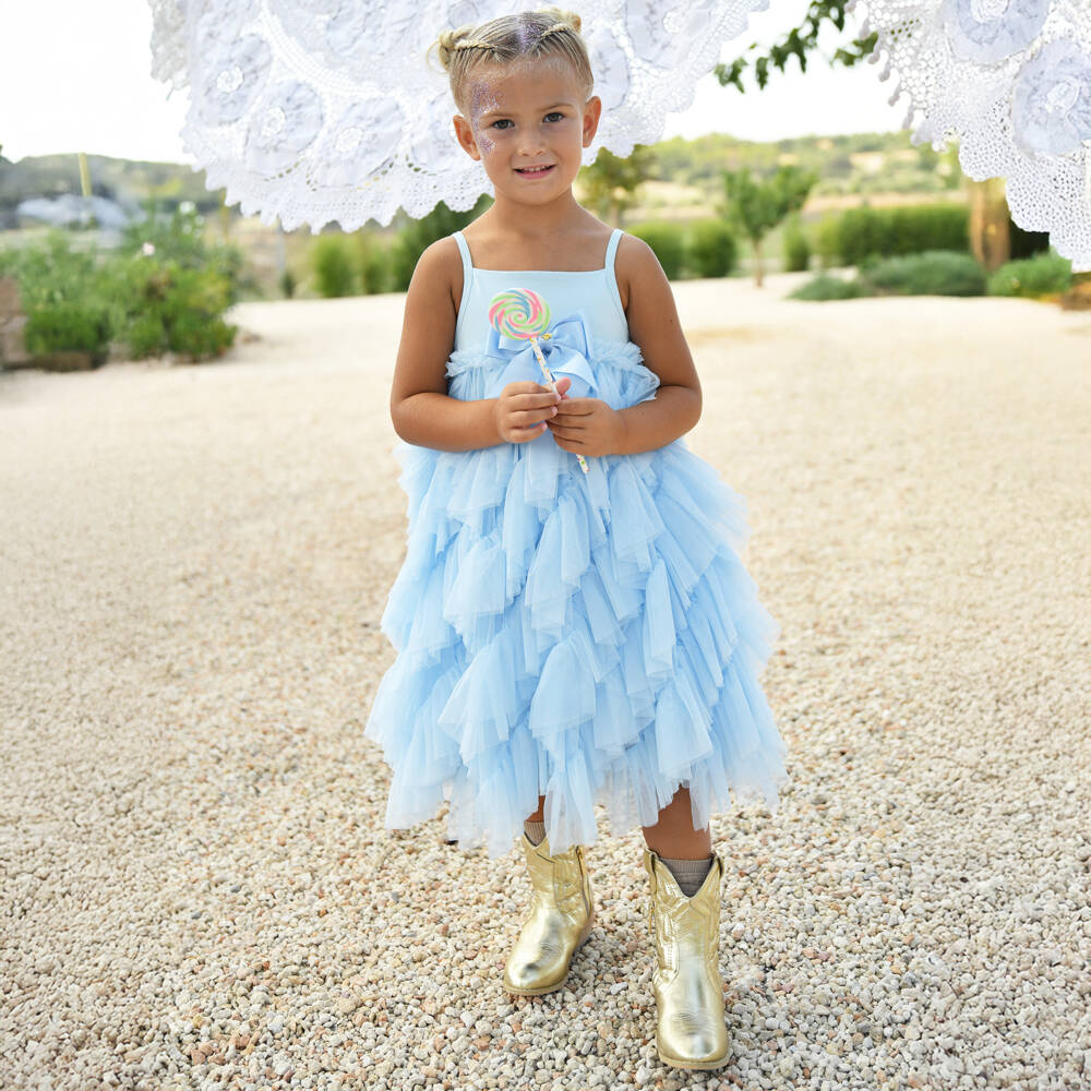 Angel's Face-Girls Blue Cotton Jersey & Tulle Ruffles Dress with Logo Bow | Childrensalon Outlet