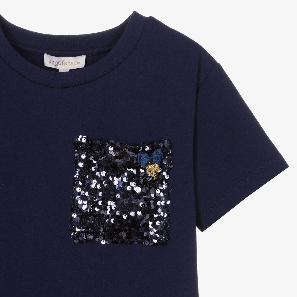 Angel s Face Girls Blue Cotton Sequin Pocket T Shirt