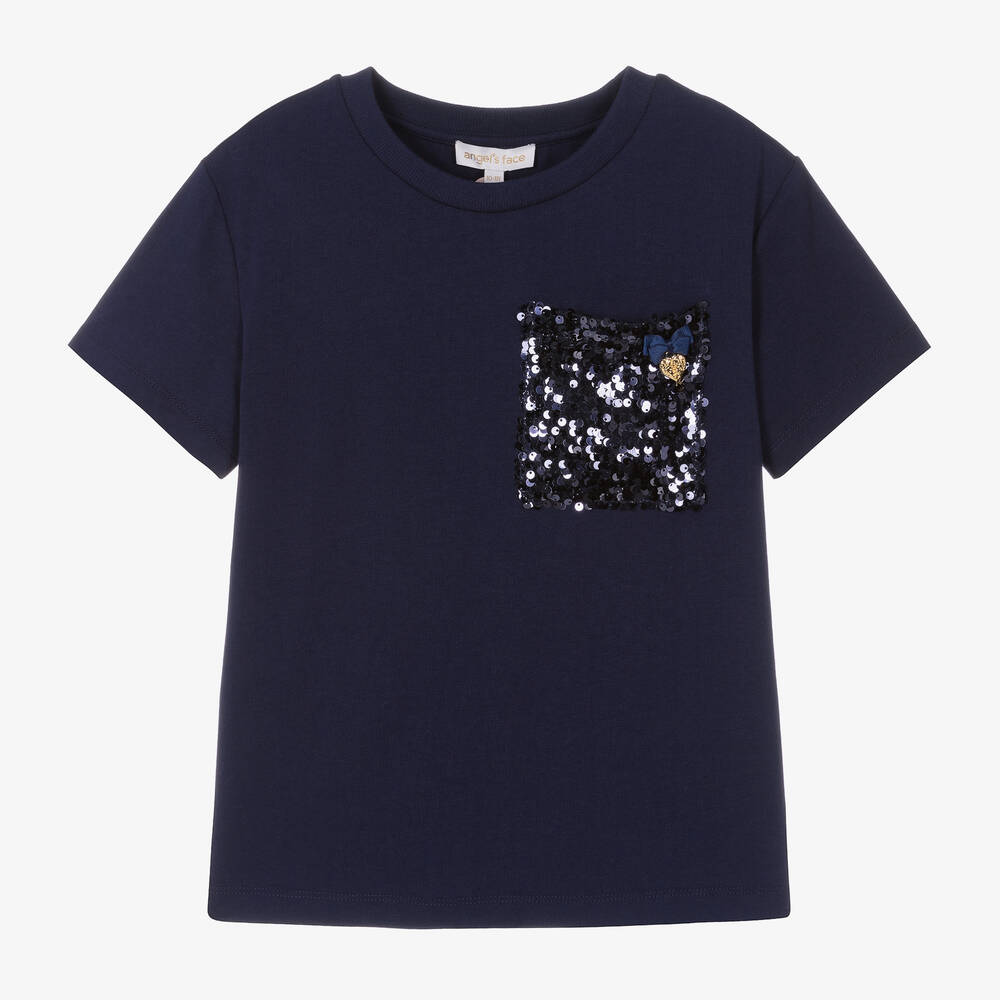 Angel's Face - Синяя хлопковая футболка с карманом с пайетками | Childrensalon