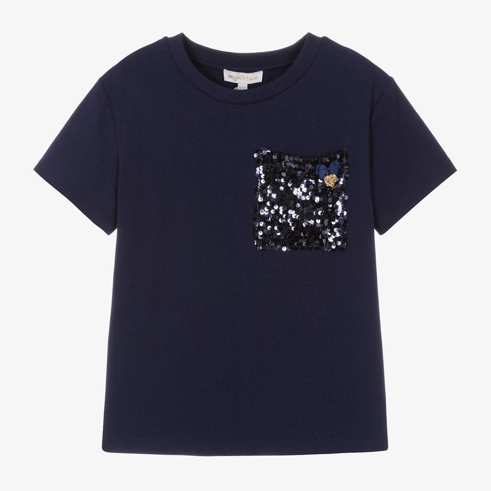 Angel's Face-Girls Blue Cotton Sequin Pocket T-Shirt | Childrensalon Outlet