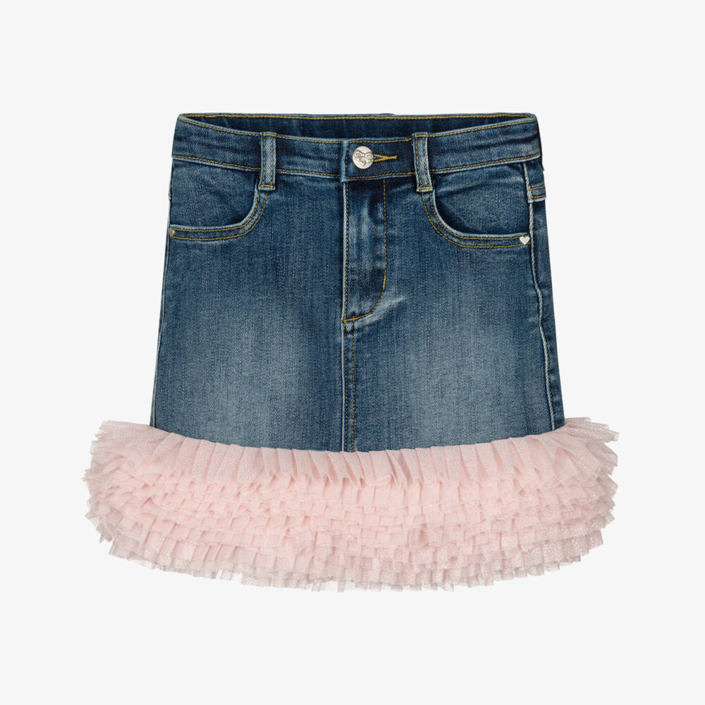 Angel's Face-Girls Blue Denim Skirt with Glittery Pink Tulle Ruffles | Childrensalon Outlet