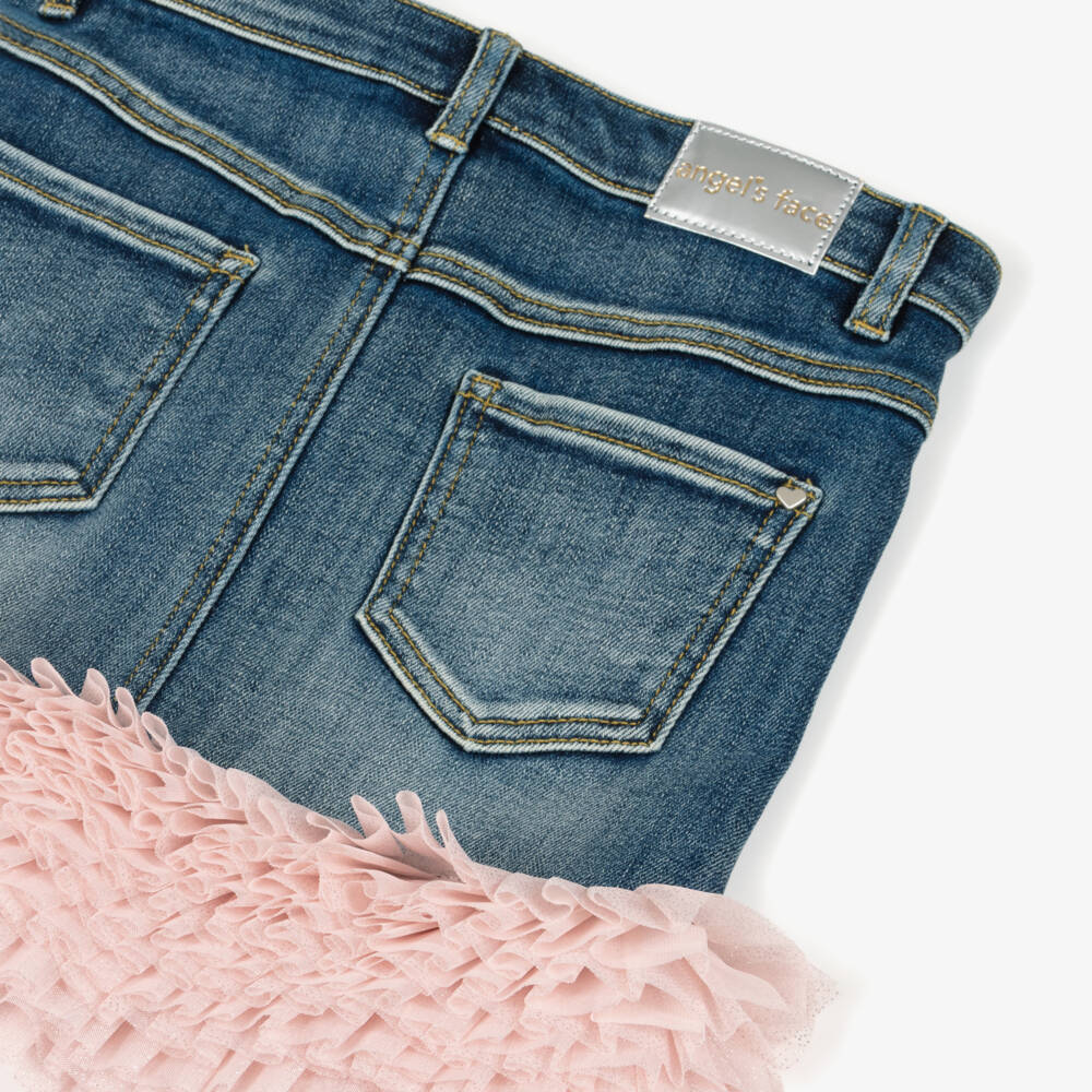 Angel's Face-Girls Blue Denim Skirt with Glittery Pink Tulle Ruffles | Childrensalon Outlet