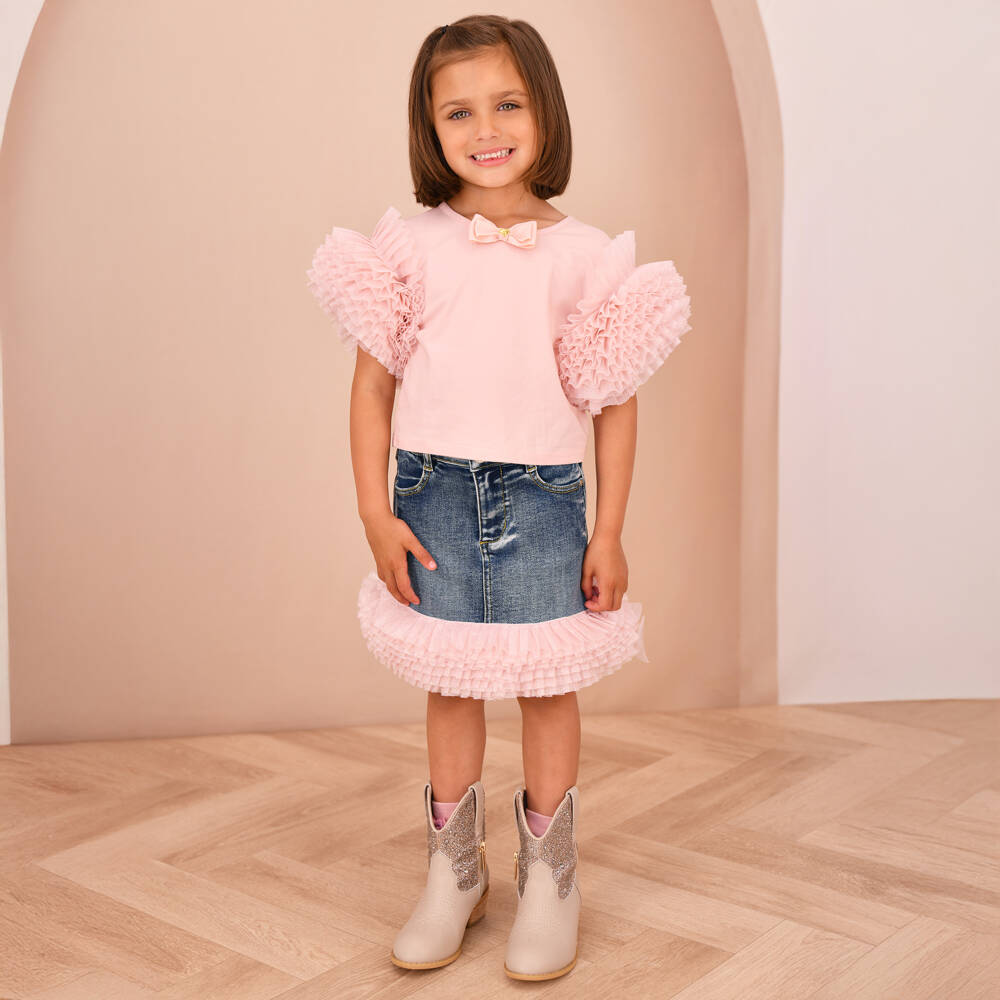 Angel's Face-Girls Blue Denim Skirt with Glittery Pink Tulle Ruffles | Childrensalon Outlet