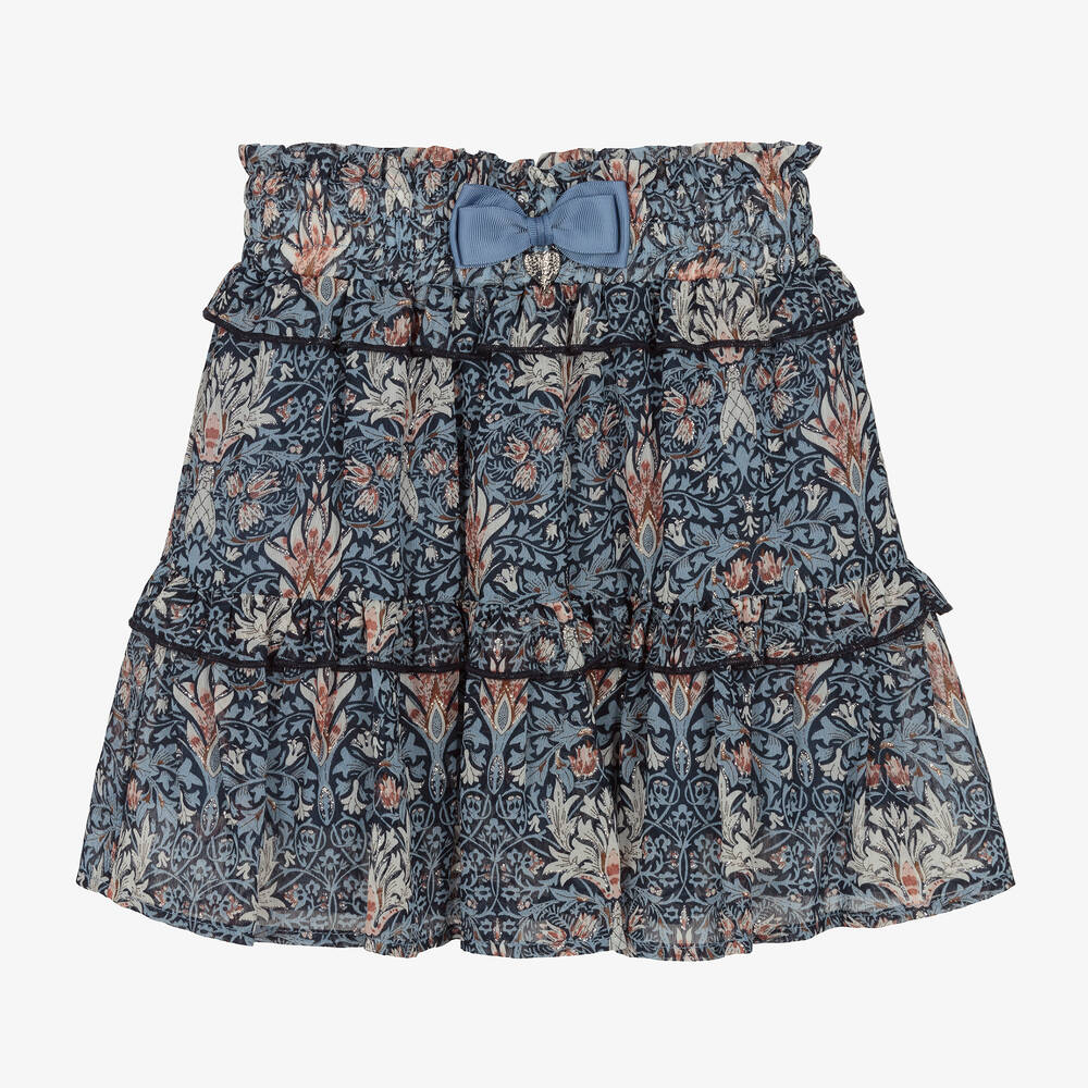 Angel's Face - Girls Blue Floral Chiffon Tiered Skirt | Childrensalon