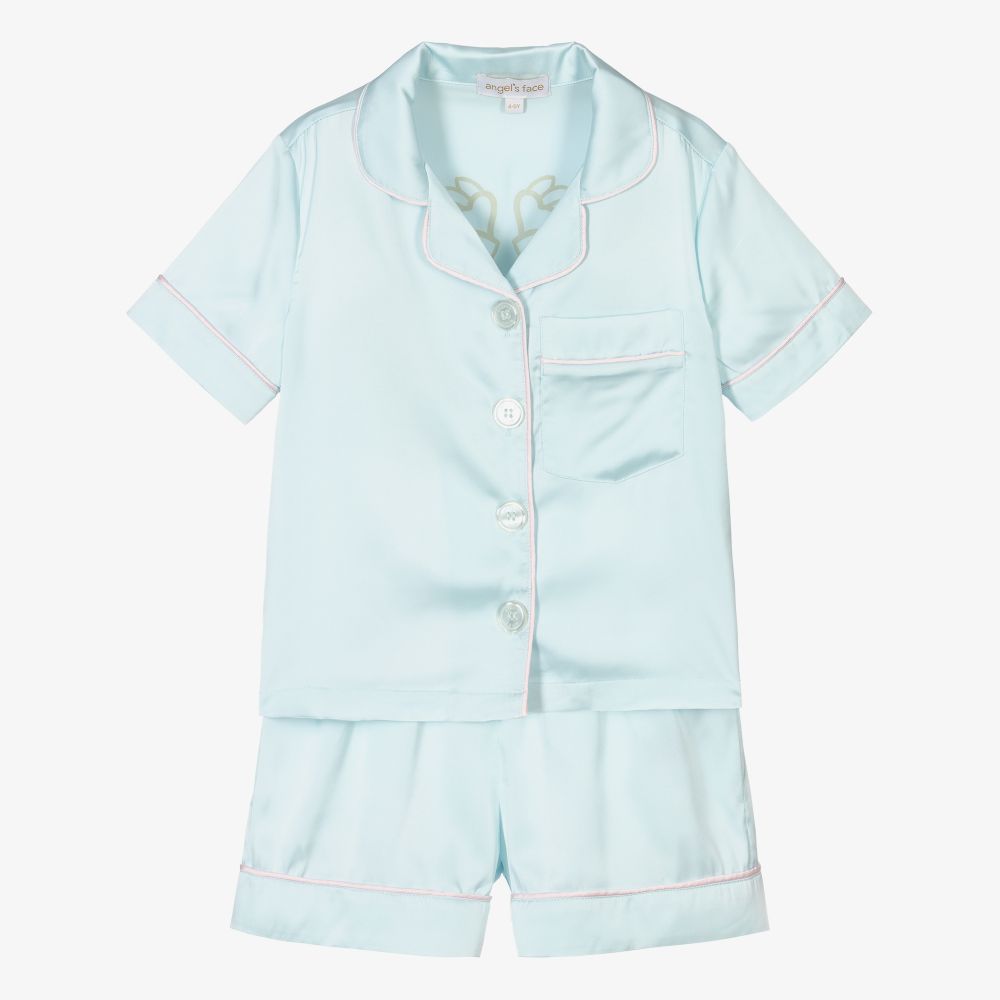 Angel's Face - Girls Blue Satin Short Pyjamas | Childrensalon
