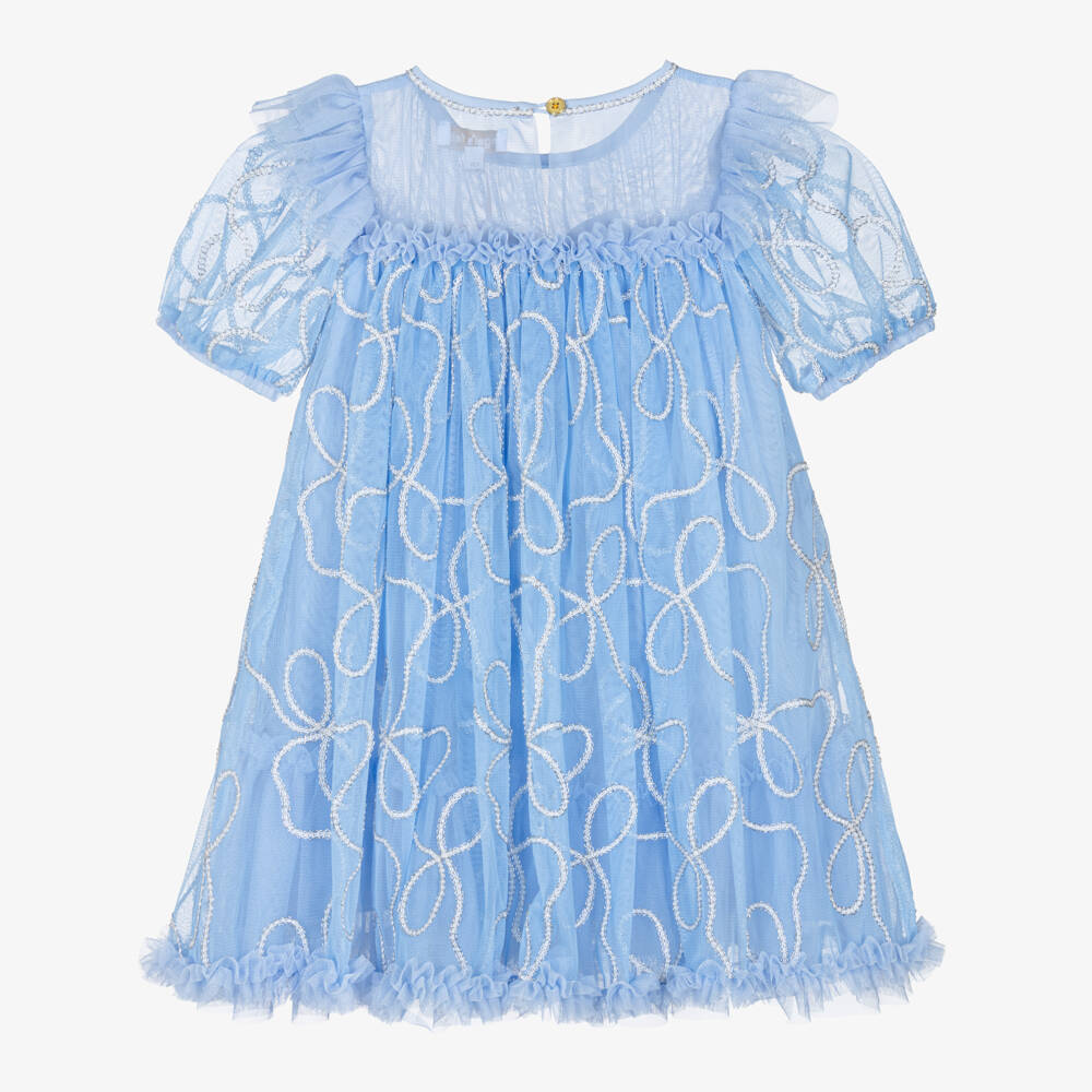 Angel's Face-Girls Blue Tulle Dress with Silver Chain Design | Childrensalon Outlet