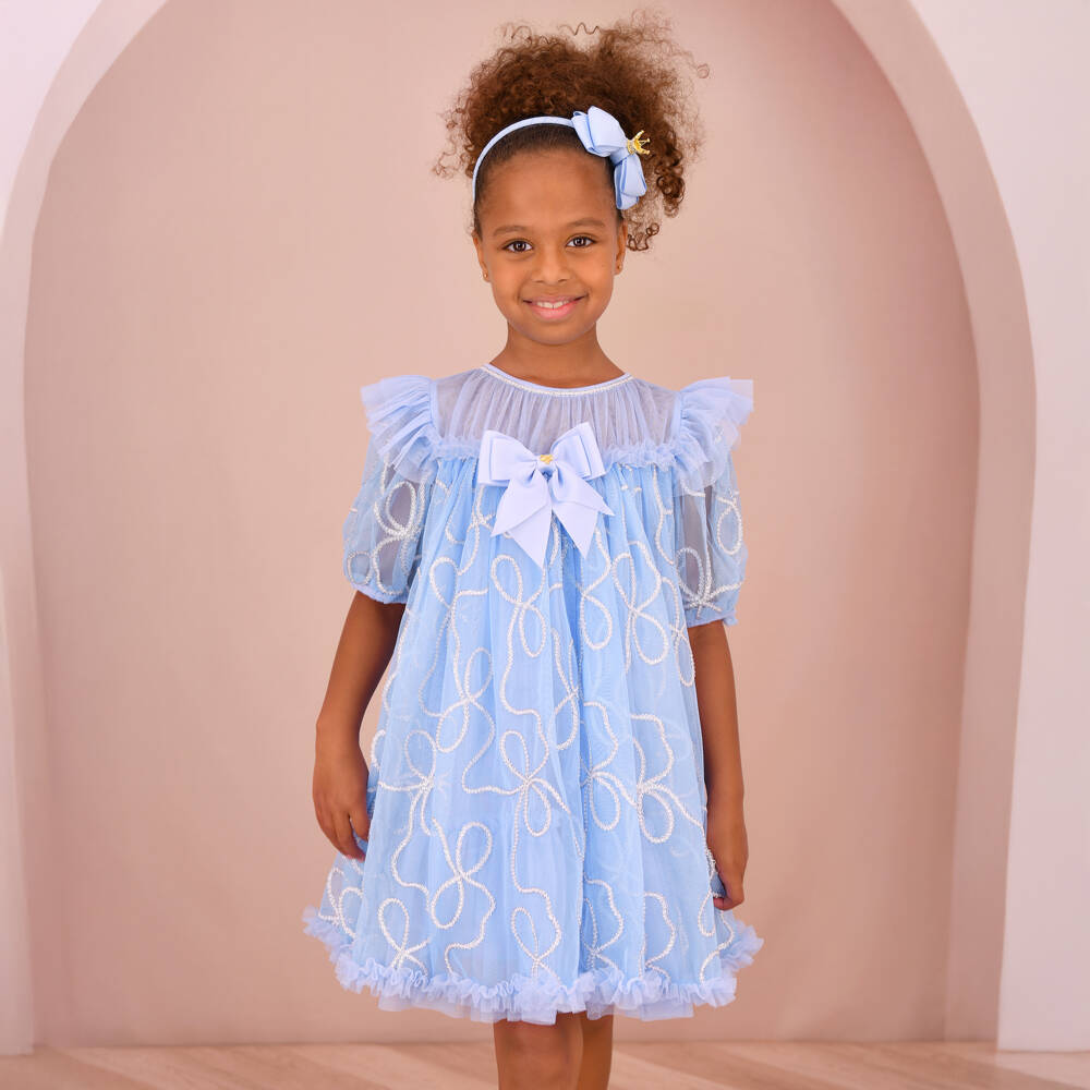 Angel's Face-Girls Blue Tulle Dress with Silver Chain Design | Childrensalon Outlet
