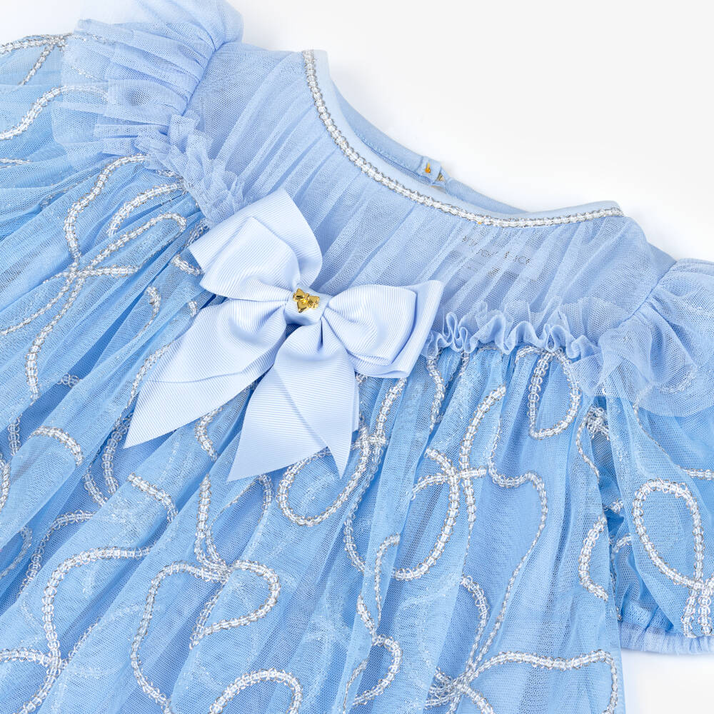 Angel's Face-Girls Blue Tulle Dress with Silver Chain Design | Childrensalon Outlet
