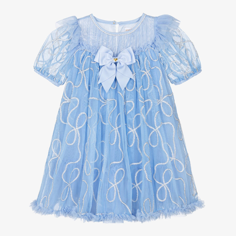 Angel's Face-Girls Blue Tulle Dress with Silver Chain Design | Childrensalon Outlet