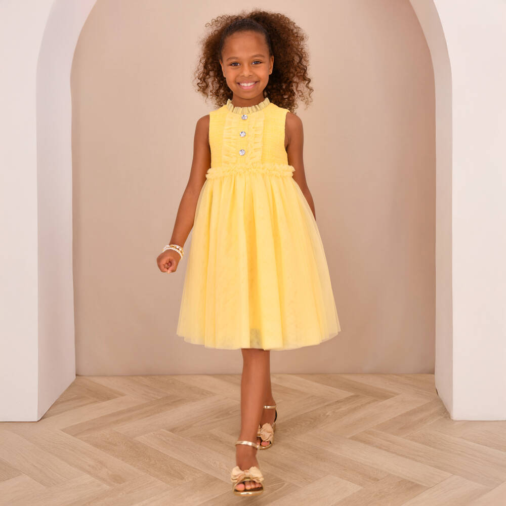 Angel's Face-Girls Bright Yellow Shimmery Tweed & Tulle Dress | Childrensalon Outlet
