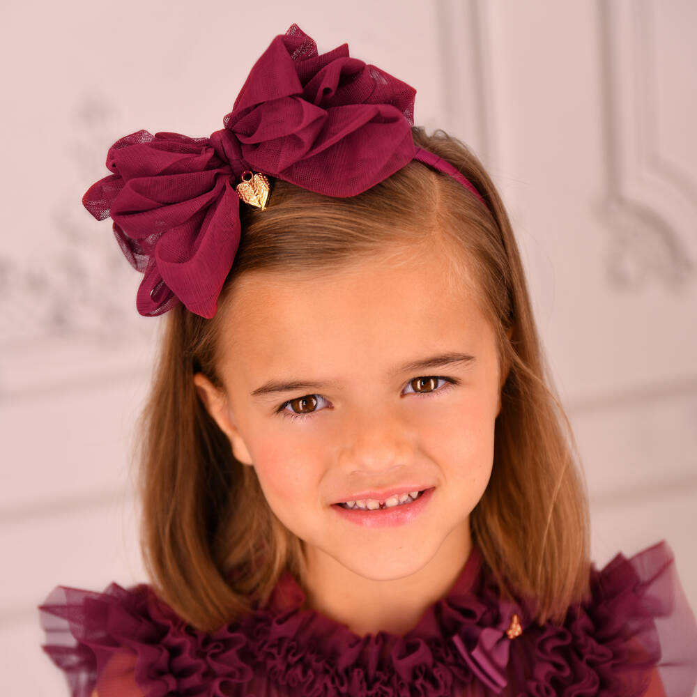 Angel's Face-Girls Burgundy Red Tulle Bow Hairband | Childrensalon Outlet