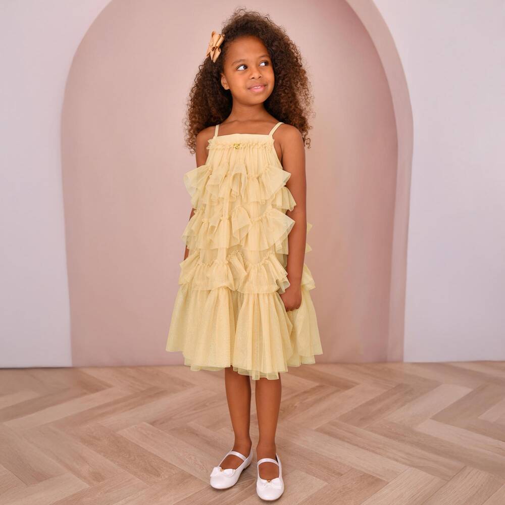 Angel's Face-Girls Glittery Gold Ruffled Tulle Dress | Childrensalon Outlet
