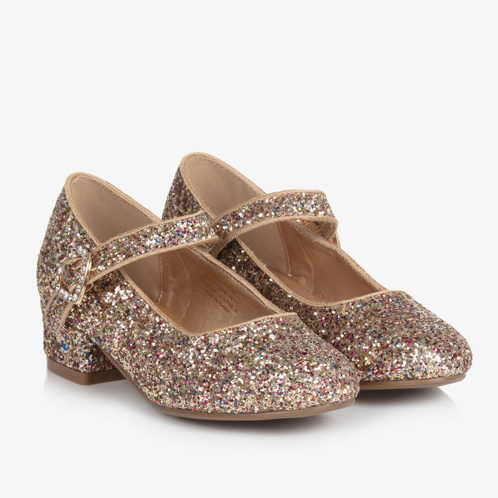 Girls Gold Glitter Buckle Shoes