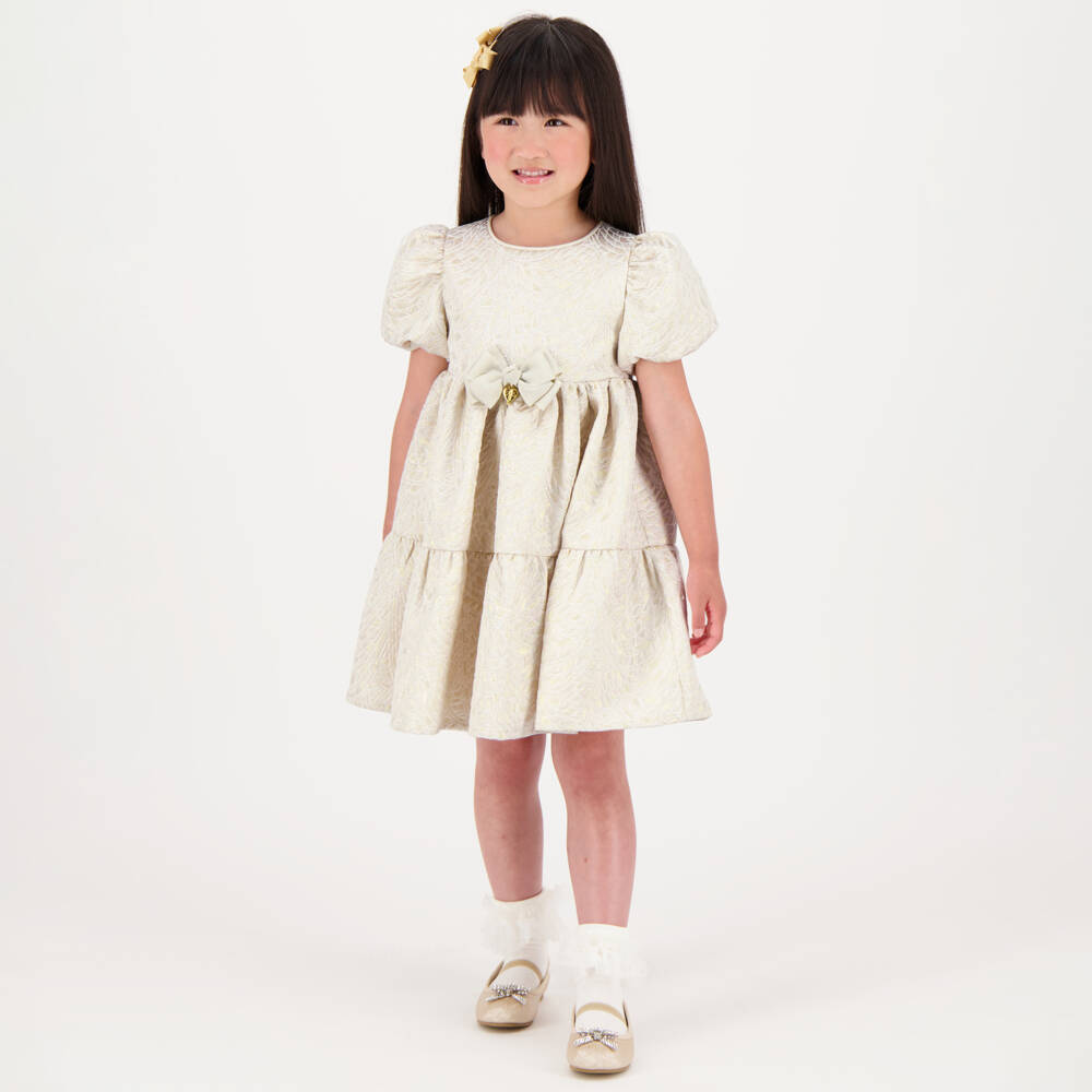 انجلز فيس-فستان بفيونكة جاكار لون ذهبي وعاجي | Childrensalon Outlet