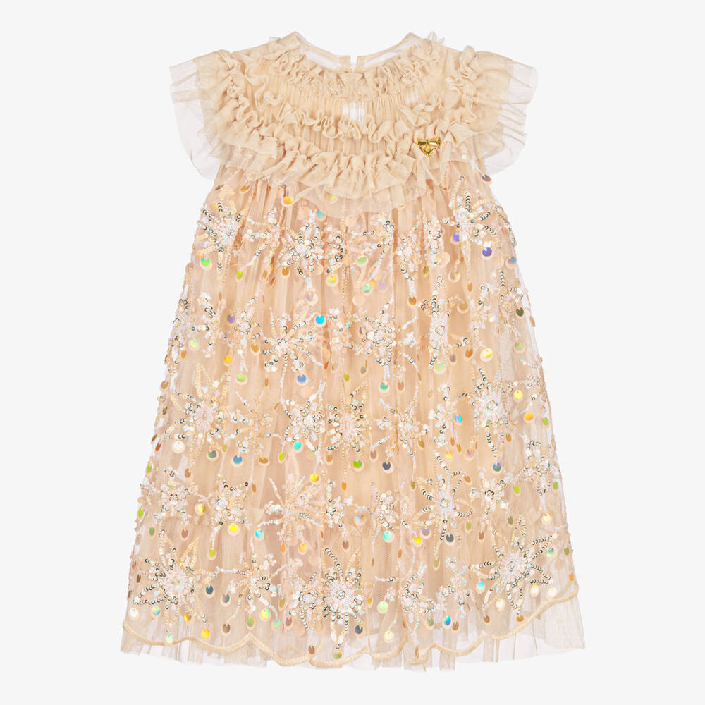 Angel's Face-Girls Gold Tulle Dress with Sequinned Floral Pattern | Childrensalon Outlet