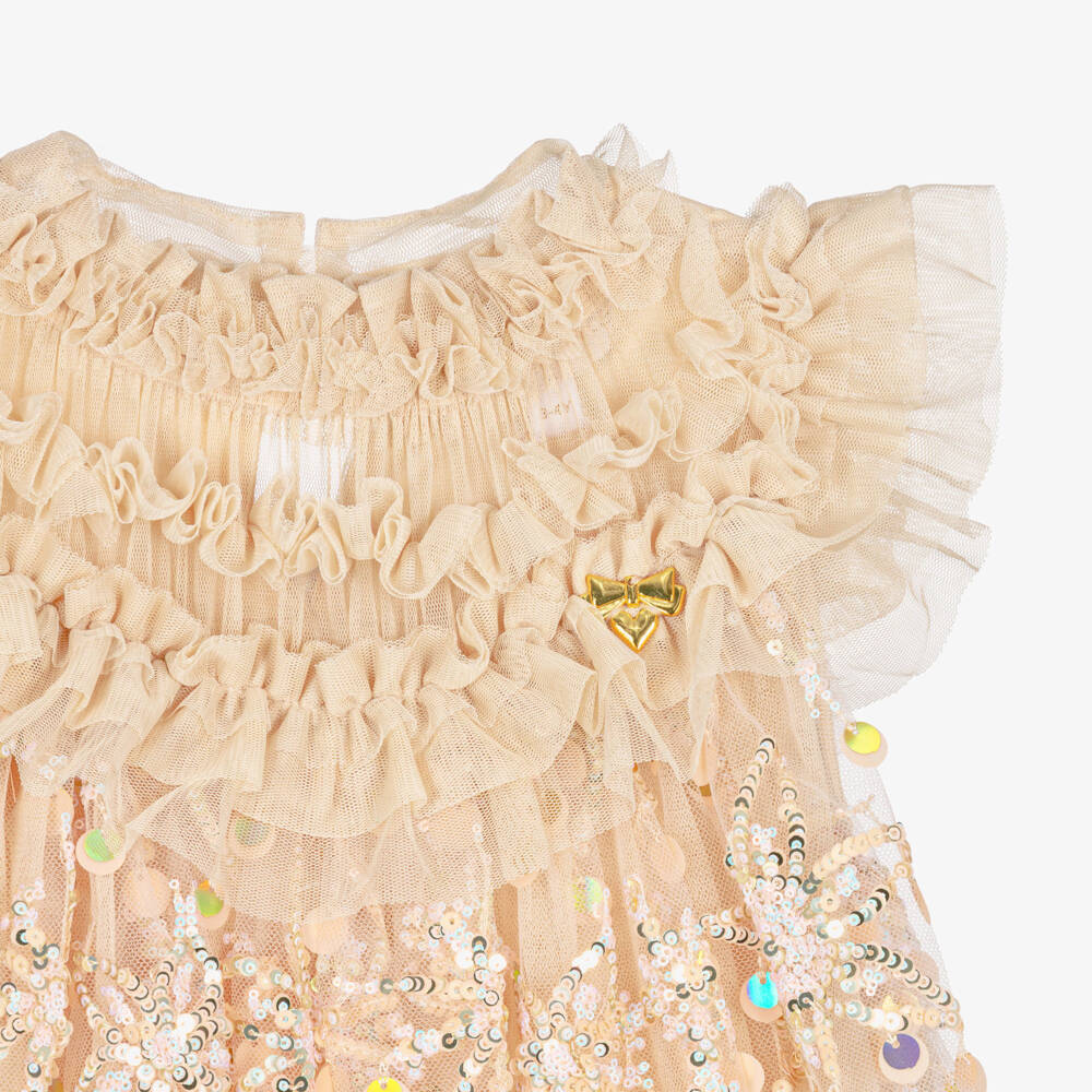 Angel's Face-Girls Gold Tulle Dress with Sequinned Floral Pattern | Childrensalon Outlet