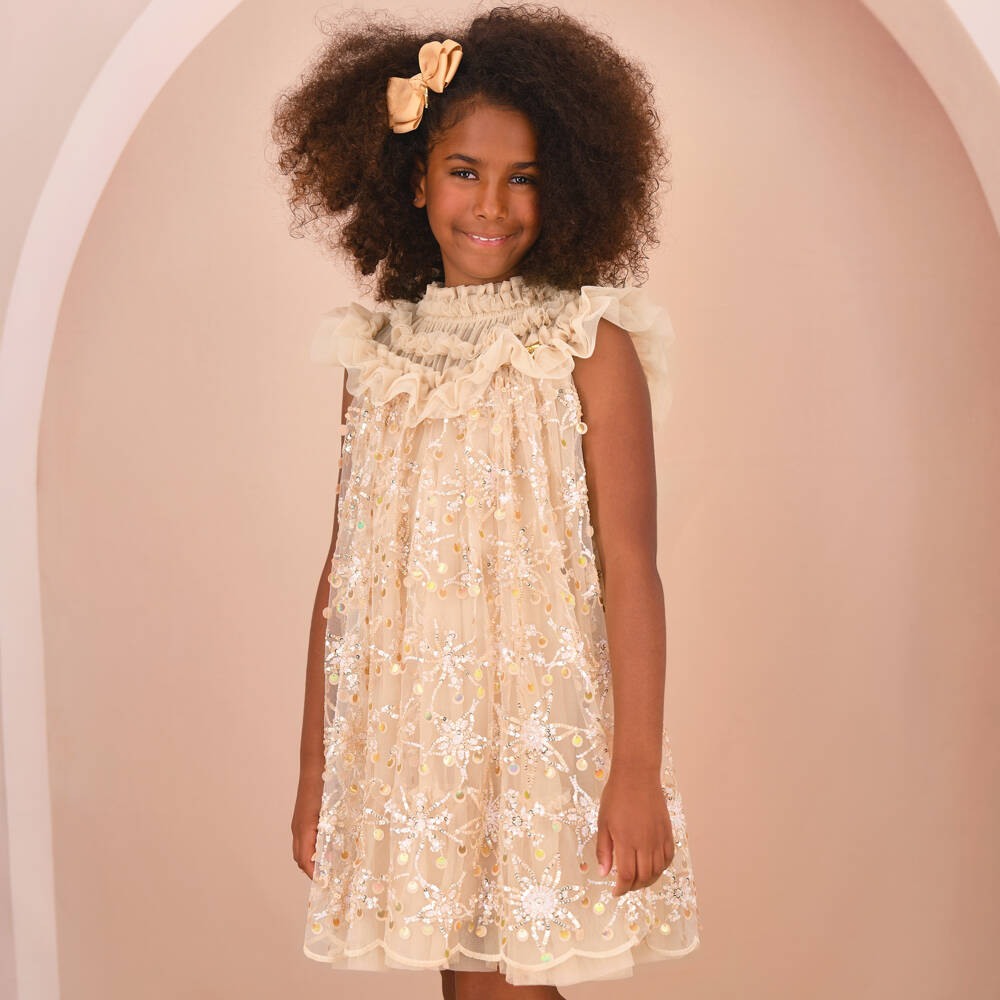 Angel's Face-Girls Gold Tulle Dress with Sequinned Floral Pattern | Childrensalon Outlet