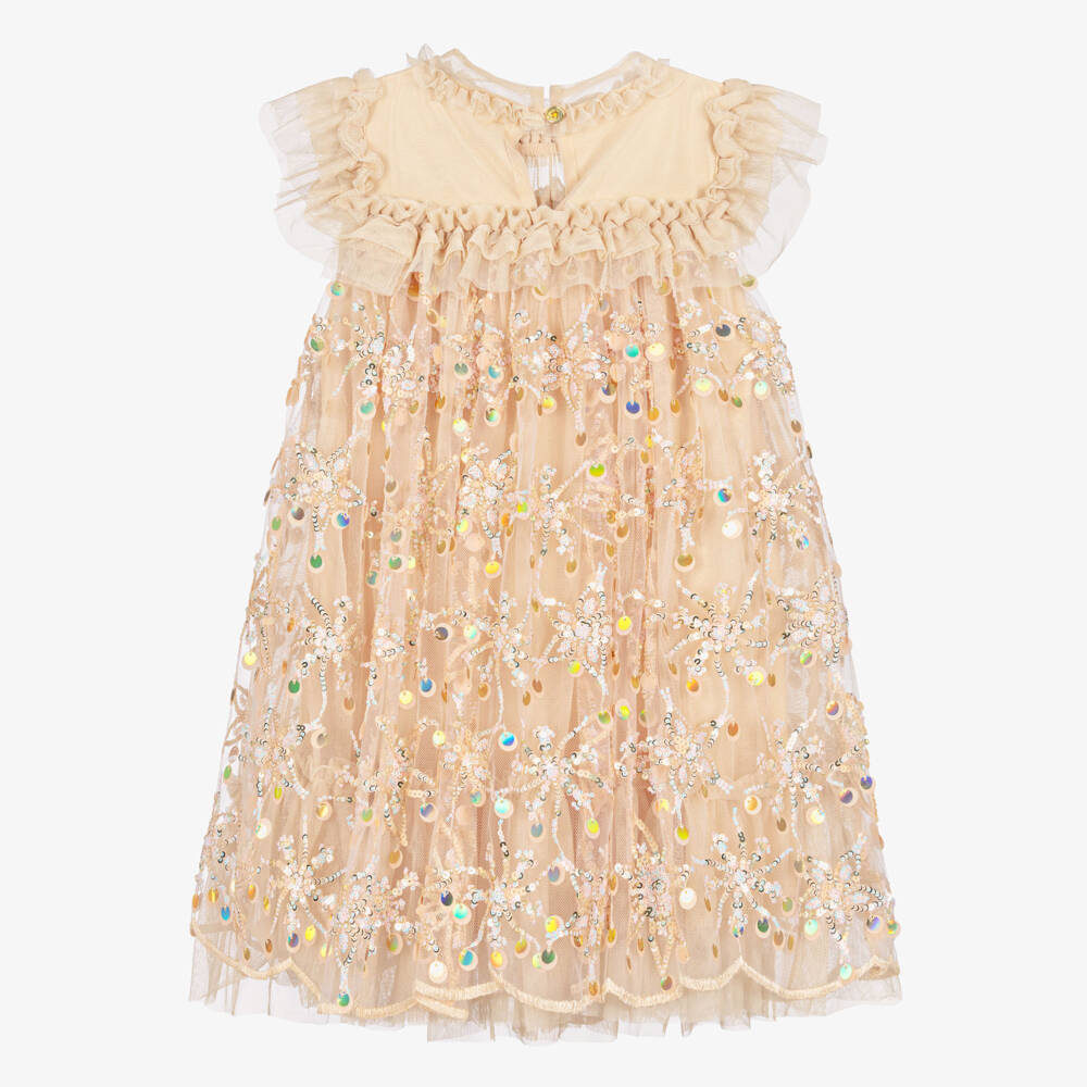 Angel's Face-Girls Gold Tulle Dress with Sequinned Floral Pattern | Childrensalon Outlet