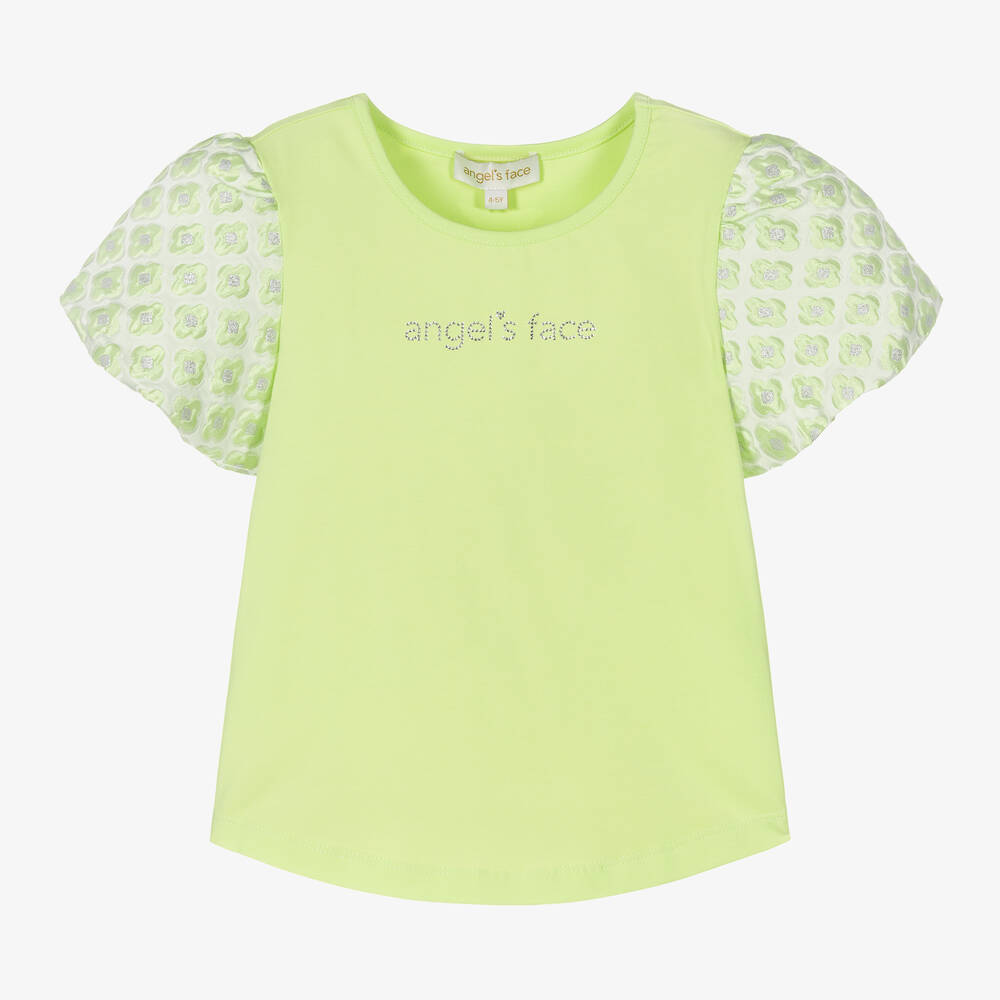 Angel's Face - Girls Green Cotton Brocade Top | Childrensalon