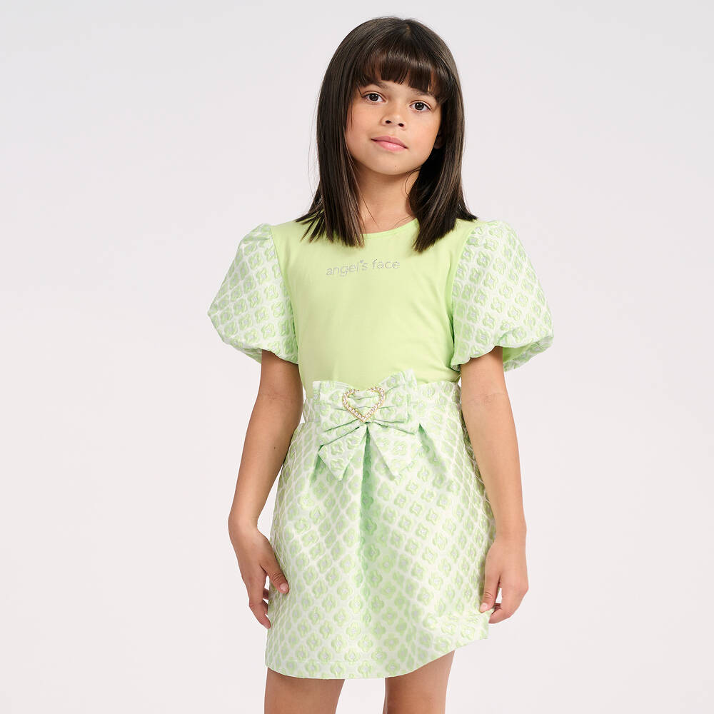 Angel's Face-تنورة بروكاد بنقشة ورود لون أخضر | Childrensalon Outlet