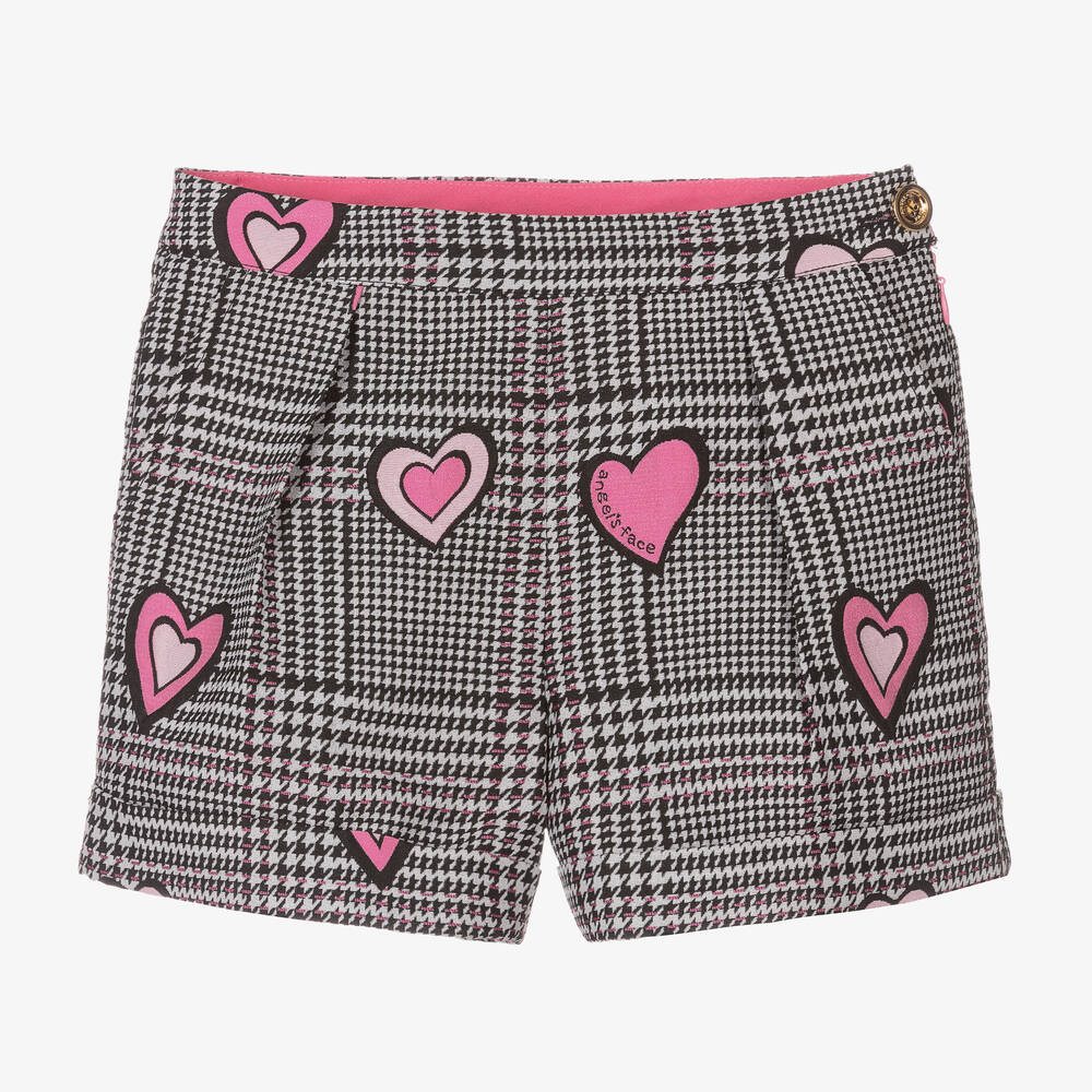 Angel's Face - Graue Shorts mit Karomuster und rosa Herzen für Mädchen | Childrensalon