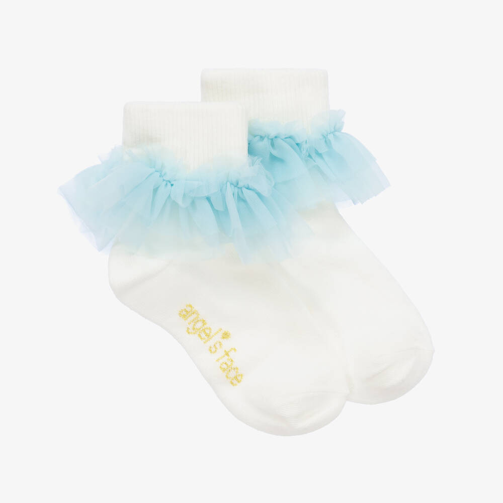 Angel's Face-Girls Ivory & Blue Ruffle Ankle Socks | Childrensalon Outlet
